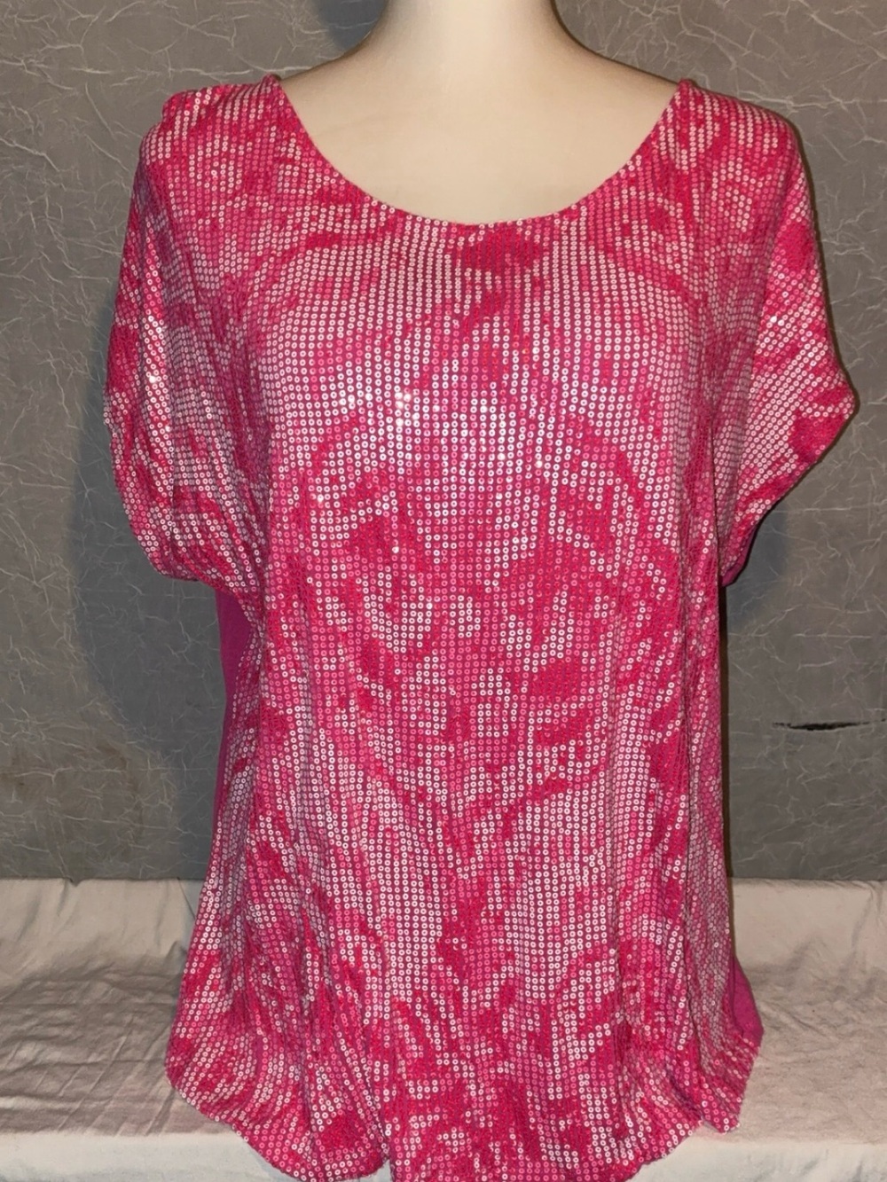 Crosby Hot Pink Abstract Pink White Sequin Party Scoop Neck Top XL